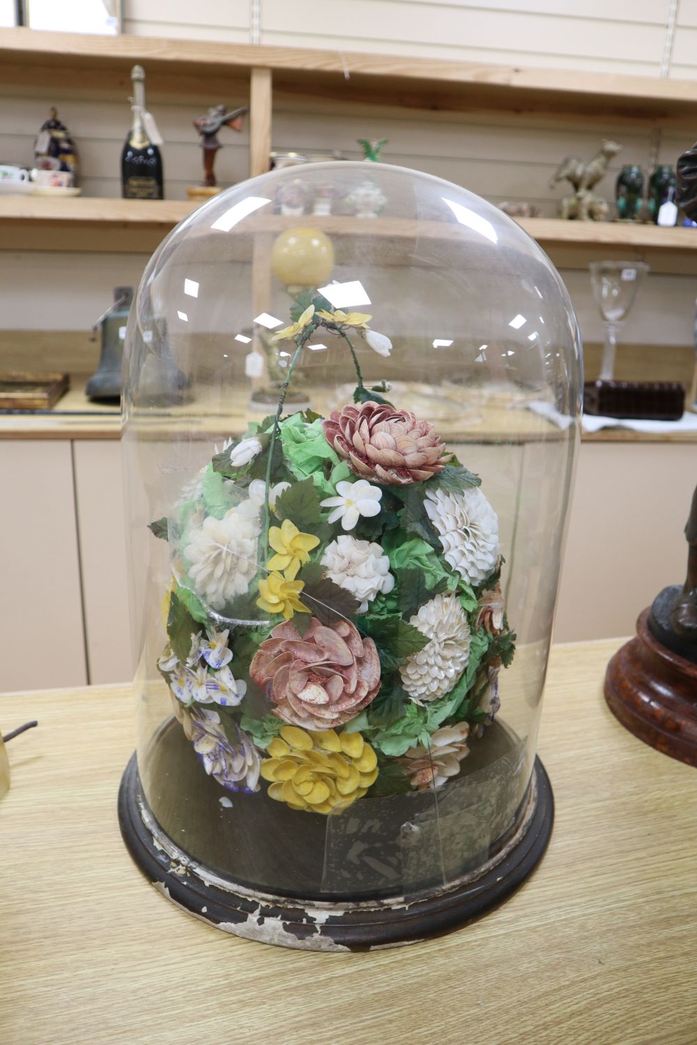 A Victorian shellwork flower display, height 50cm overall